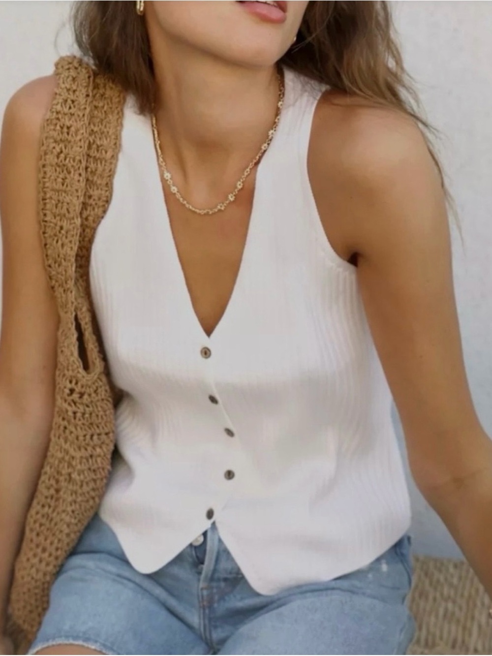 Greylin White Ribbed V-Neck Button Front Tank